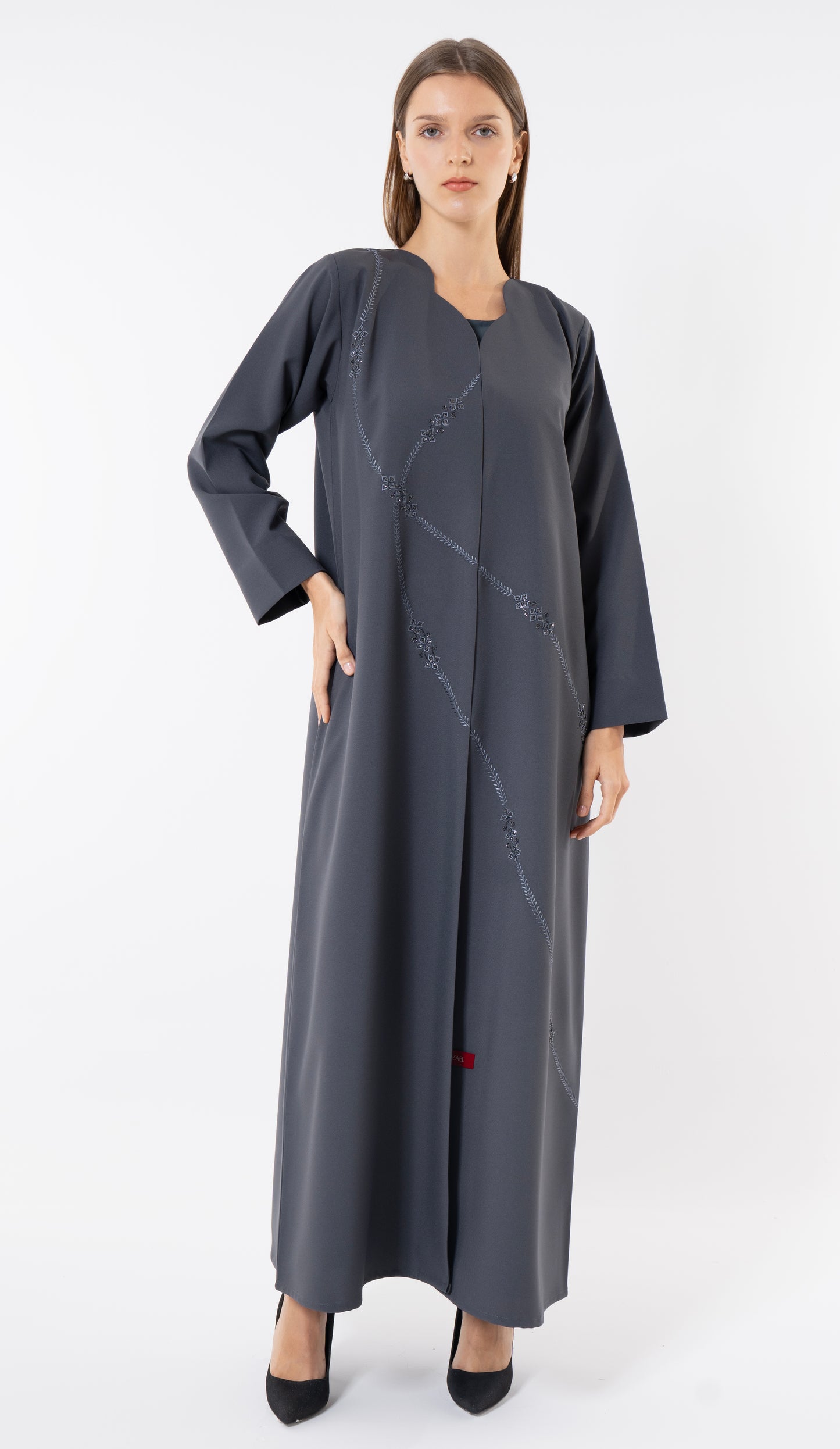 Grey Abaya With Embroidery And Beads Handwork Detailing