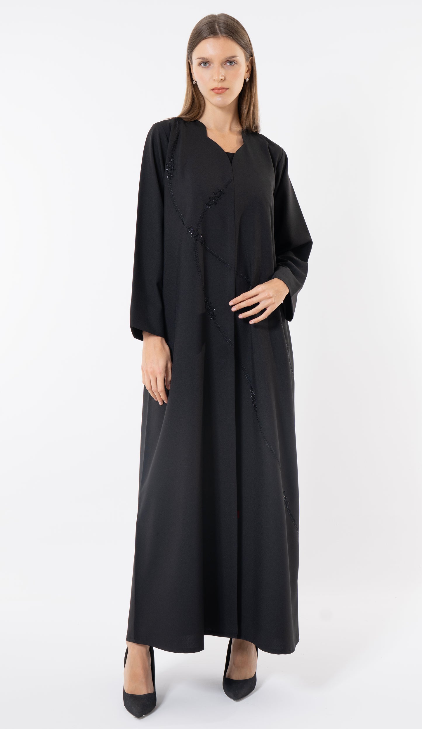 Black Abaya With Embroidery And Beads Handwork Detailing