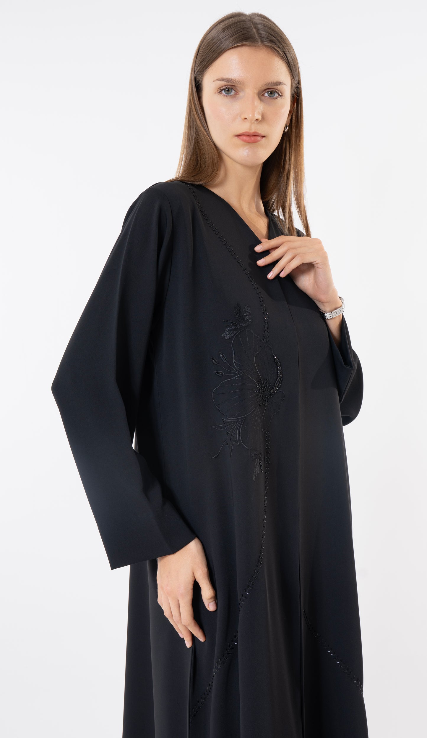 Floral Embroidery With Thread And Beads Embellishments In Black Abaya