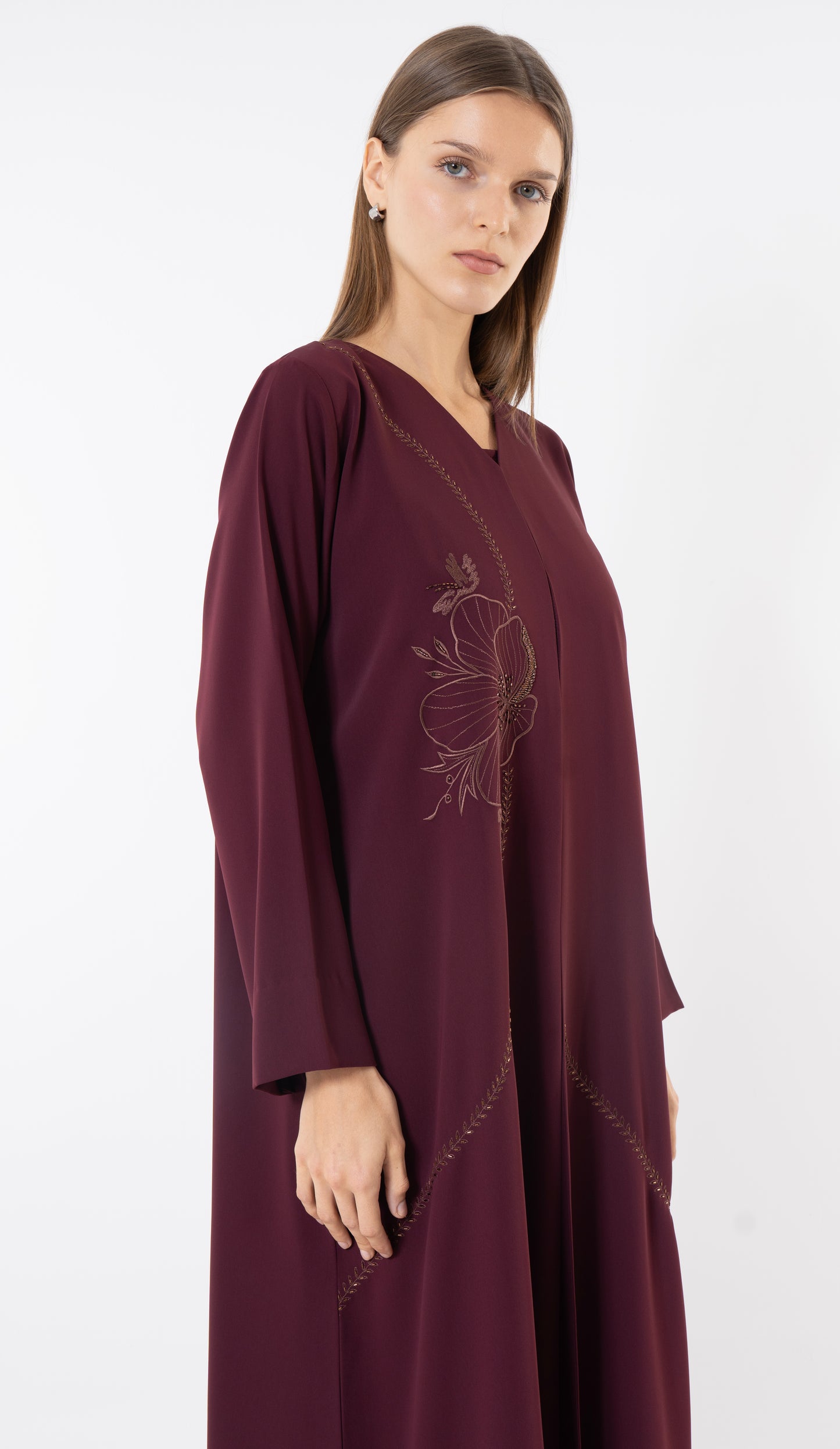 Floral Embroidery With Thread And Beads Embellishments In Maroon Abaya
