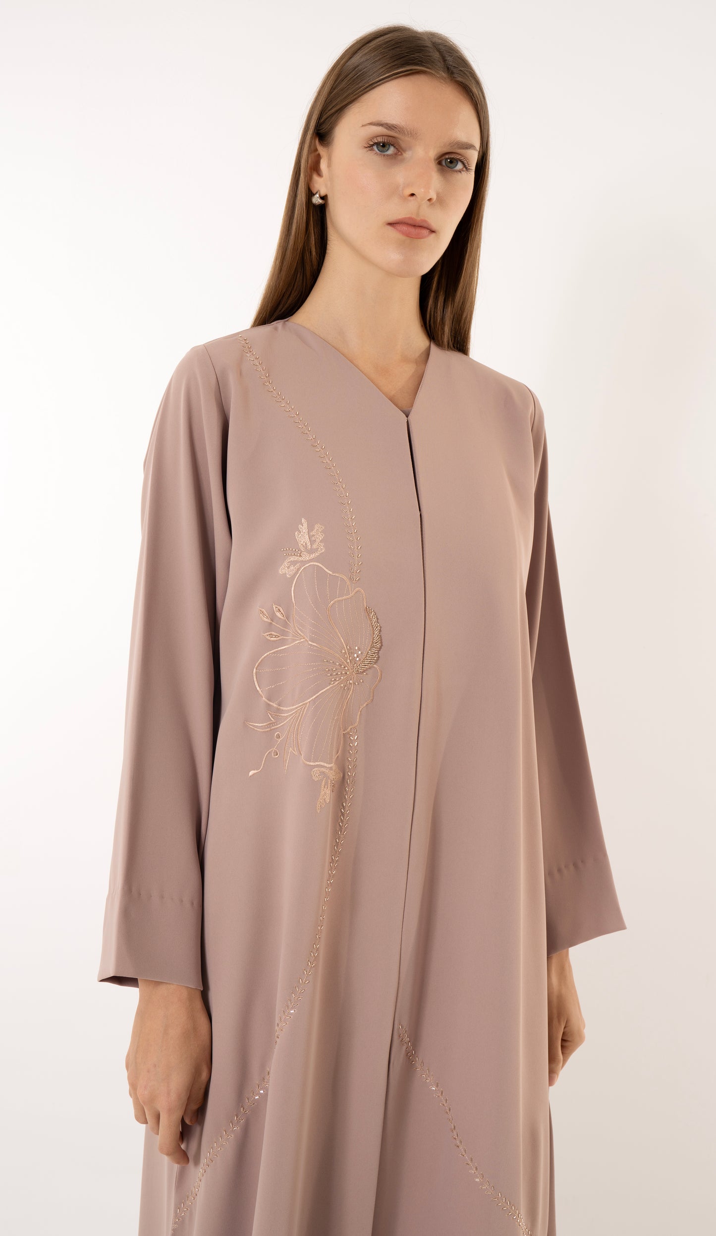 Floral Embroidery With Thread And Beads Embellishments In Beige Abaya