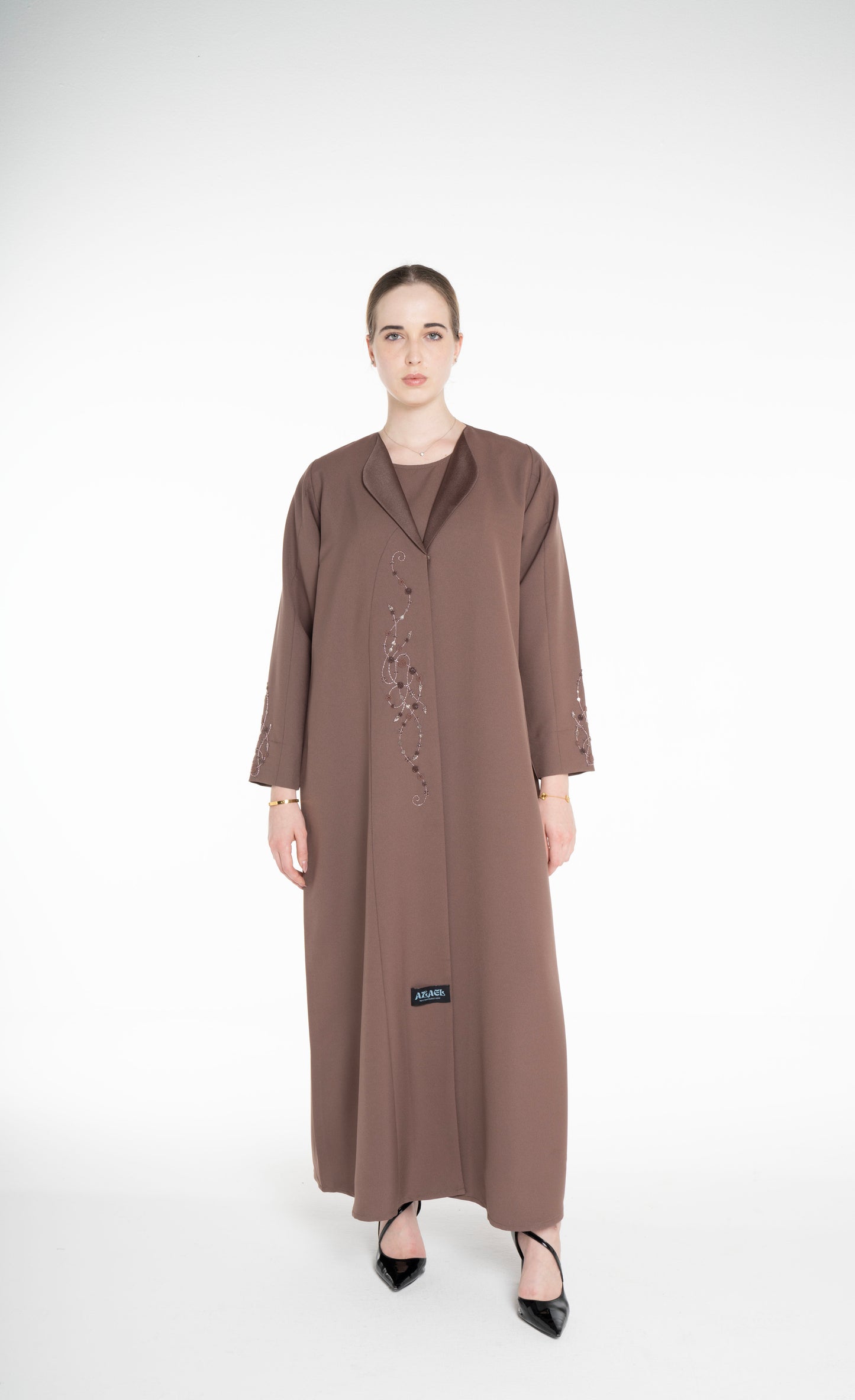 Minimal embellished coat Style  Brown Abaya