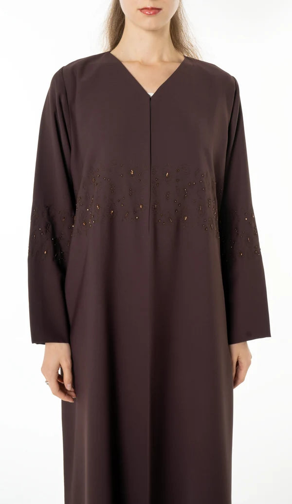 Floral Embroidery With Simple Bead Embellishments Brown