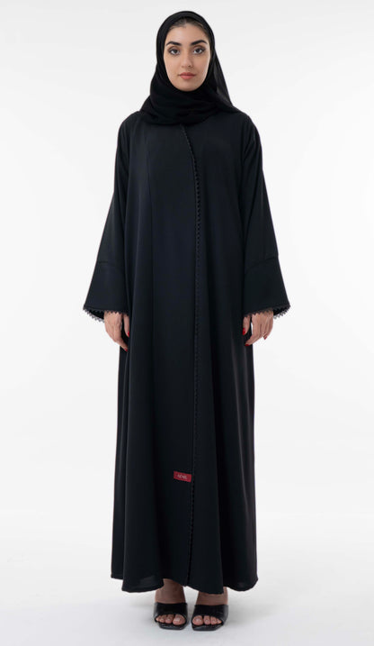 Black Overlap Abaya With Pintuck Detailing And Delicate Black Lace