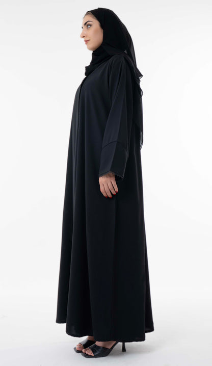 Black Overlap Abaya With Pintuck Detailing And Delicate Black Lace