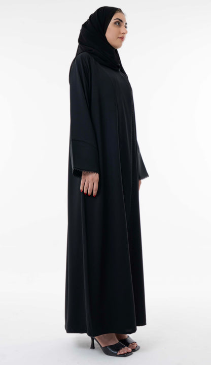 Black Overlap Abaya With Pintuck Detailing And Delicate Black Lace