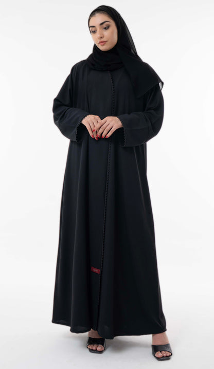 Black Overlap Abaya With Pintuck Detailing And Delicate Black Lace