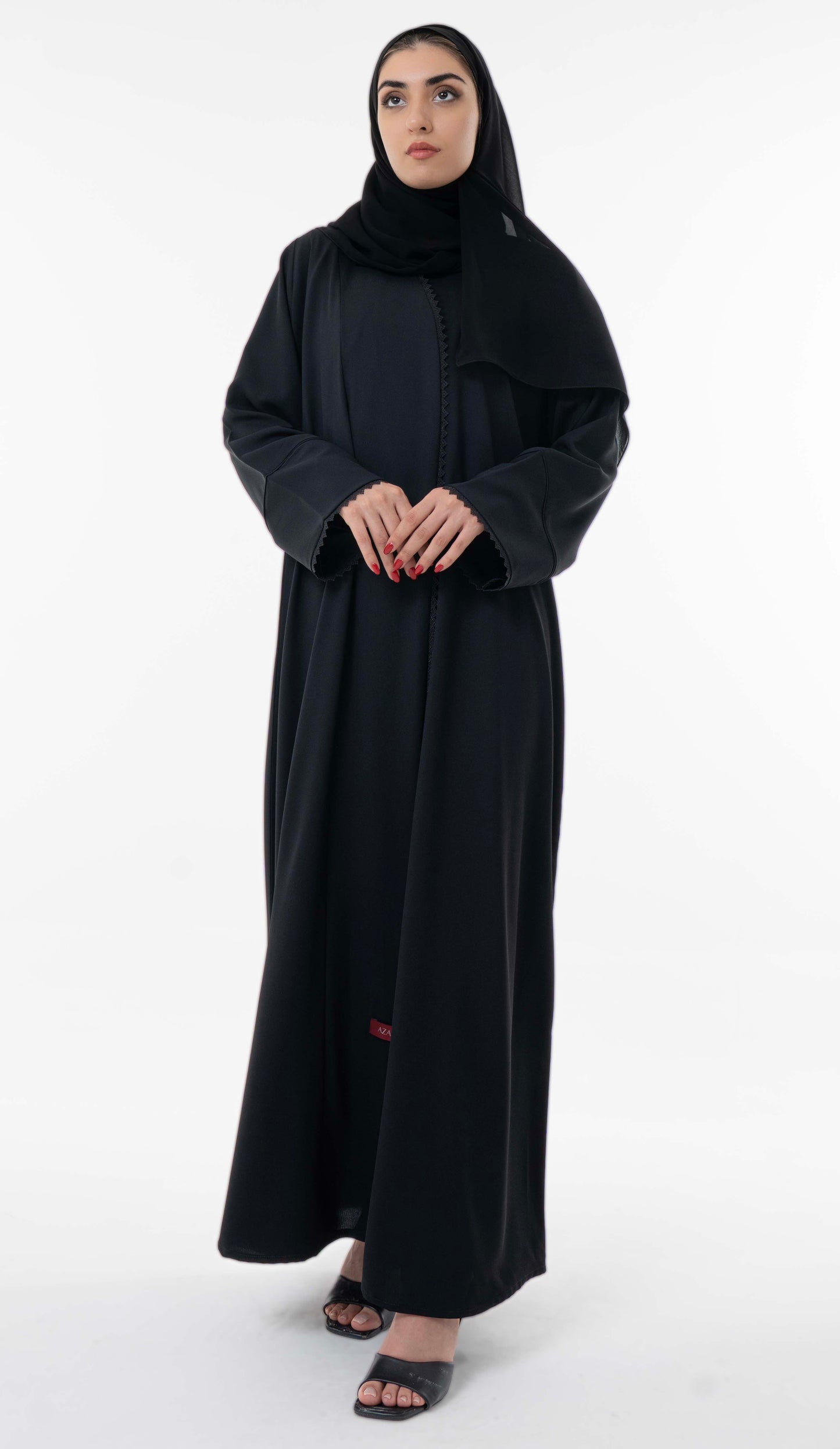 Black Overlap Abaya With Pintuck Detailing And Delicate Black Lace