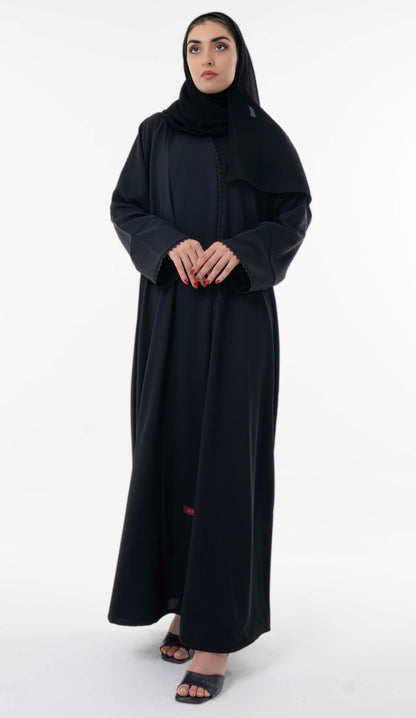 Black Overlap Abaya With Pintuck Detailing And Delicate Black Lace