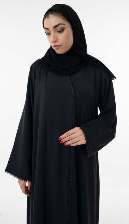 Black Overlap Abaya With Pintuck Detailing And Delicate Black Lace