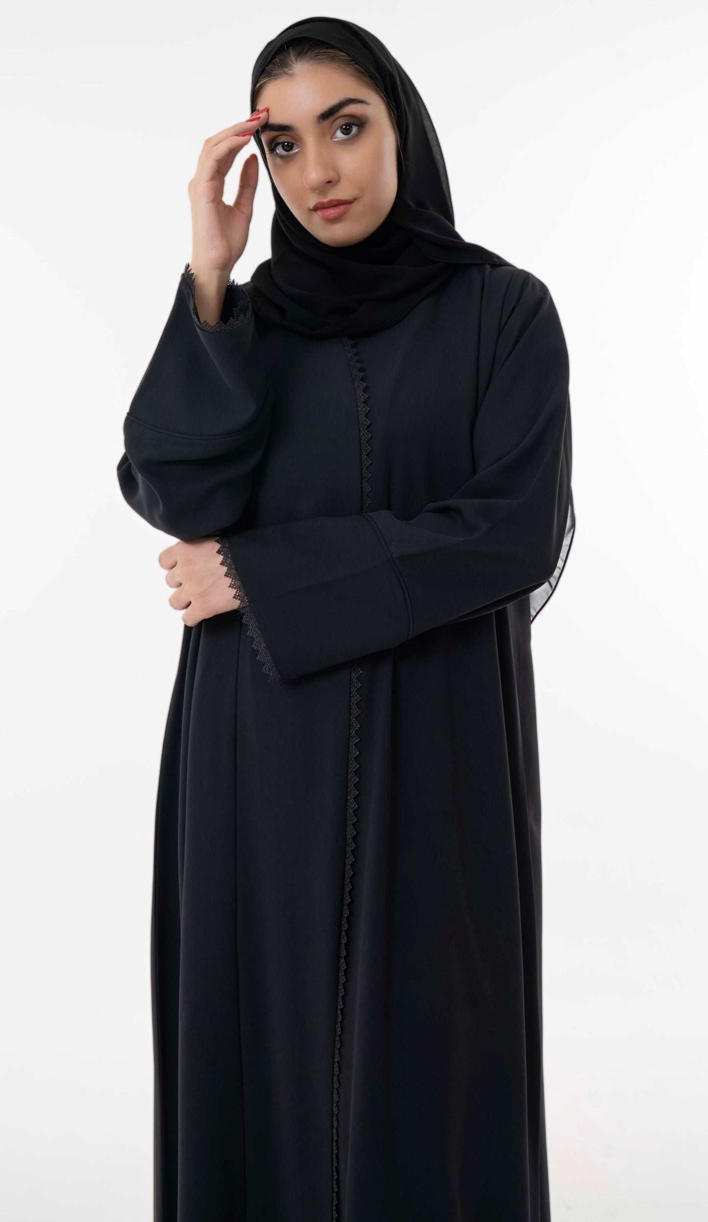 Black Overlap Abaya With Pintuck Detailing And Delicate Black Lace