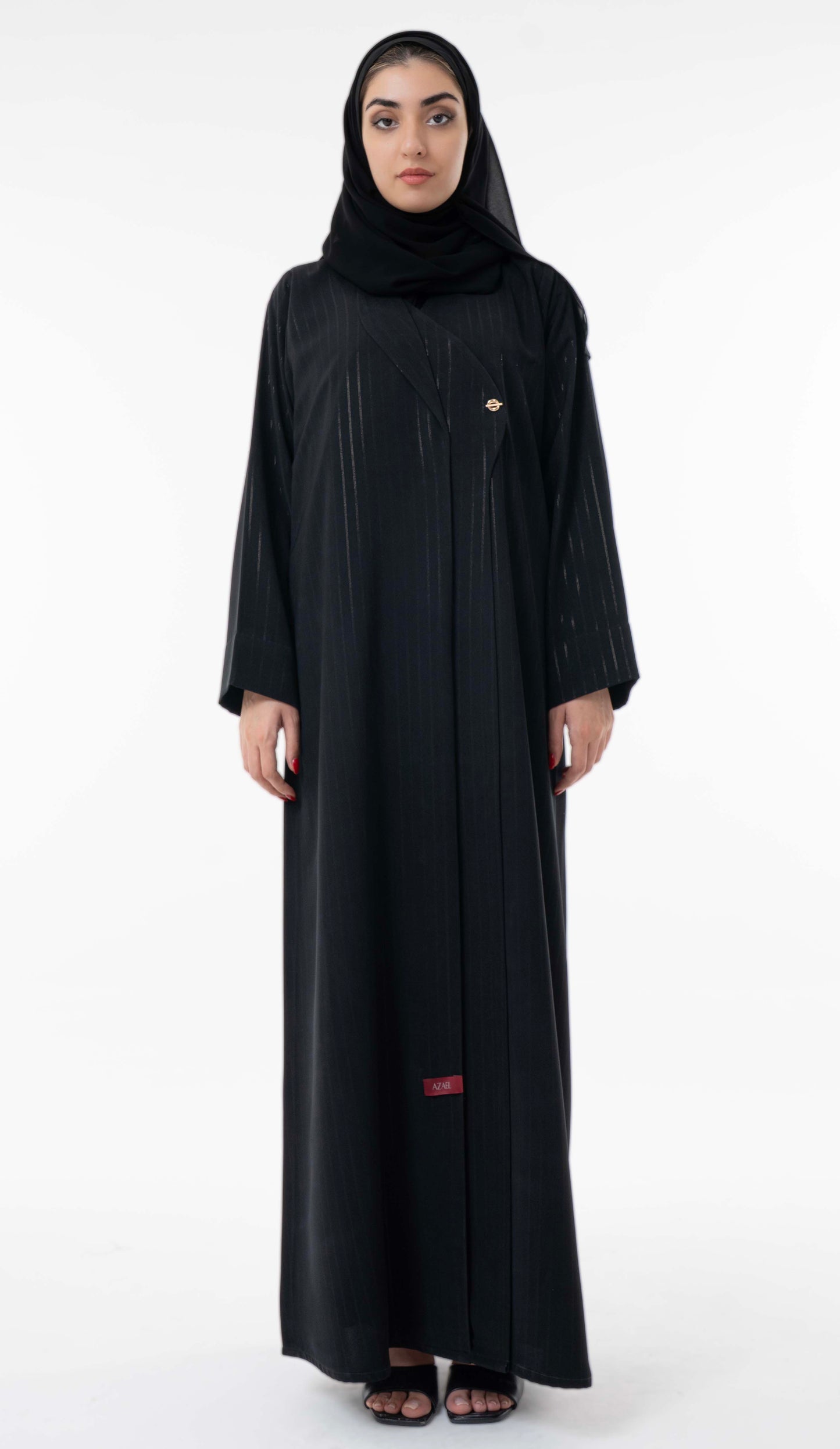 Black Pinstripe Overlap Abaya With Elegant Gold Trim