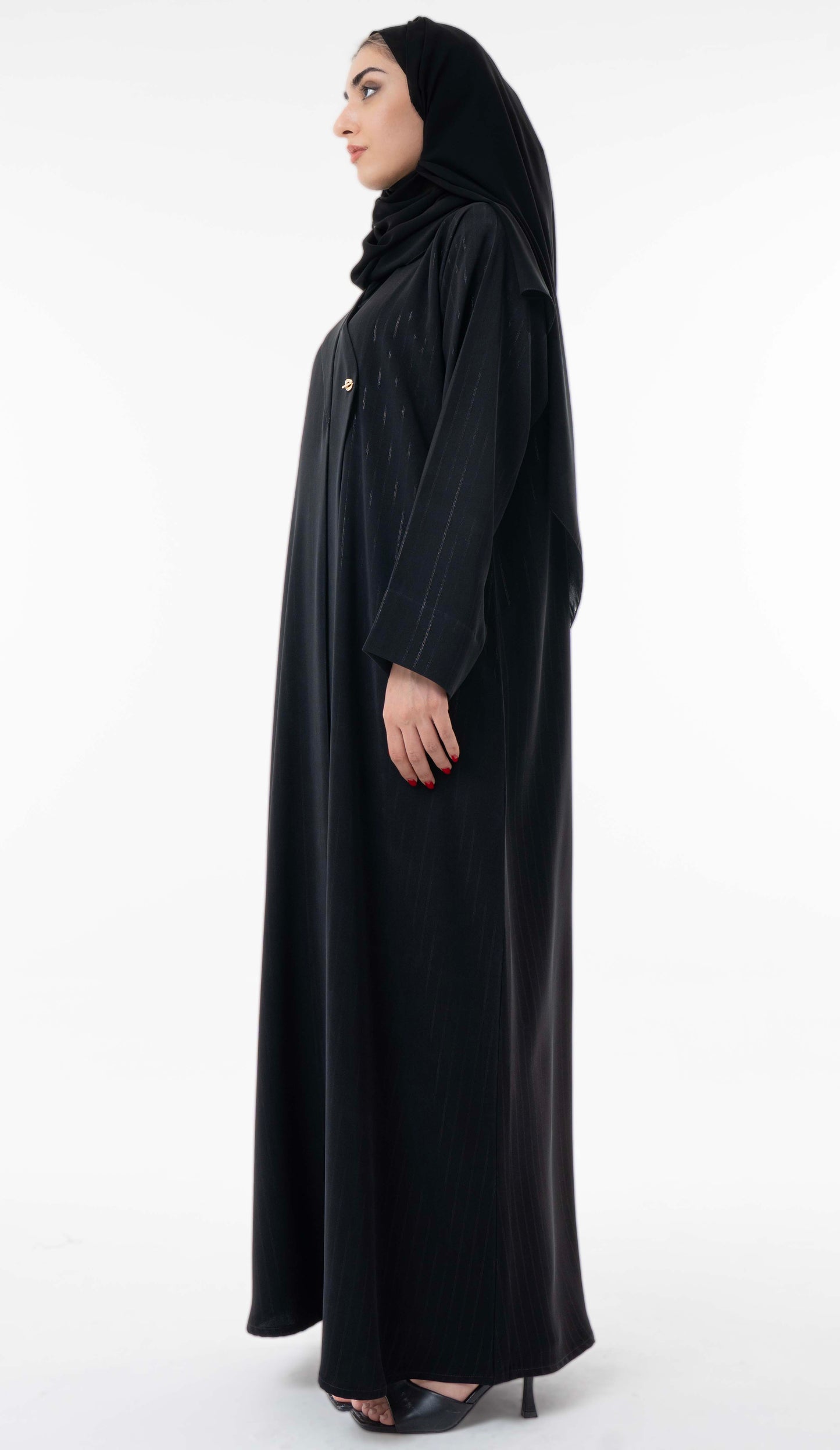Black Pinstripe Overlap Abaya With Elegant Gold Trim