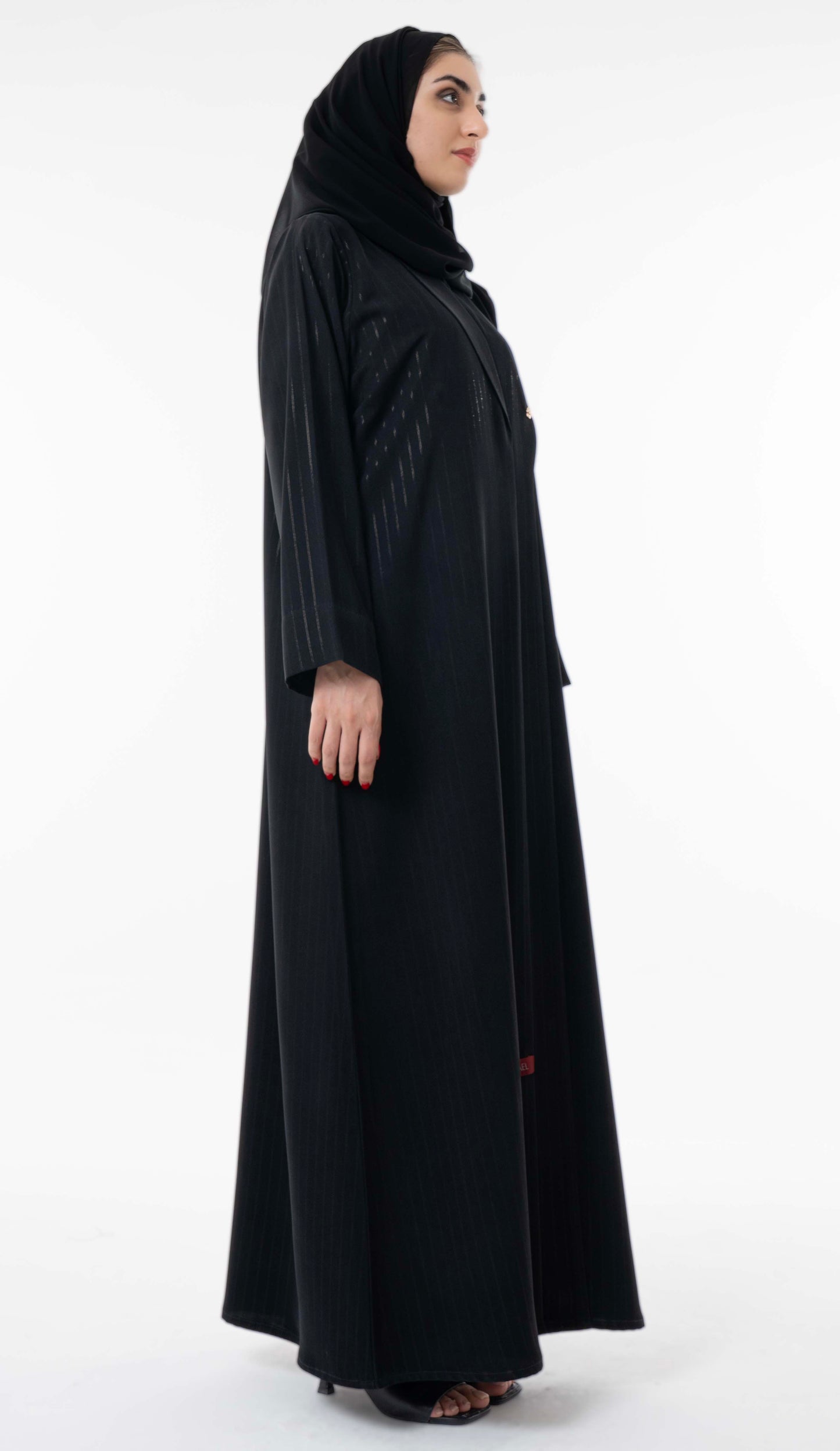 Black Pinstripe Overlap Abaya With Elegant Gold Trim