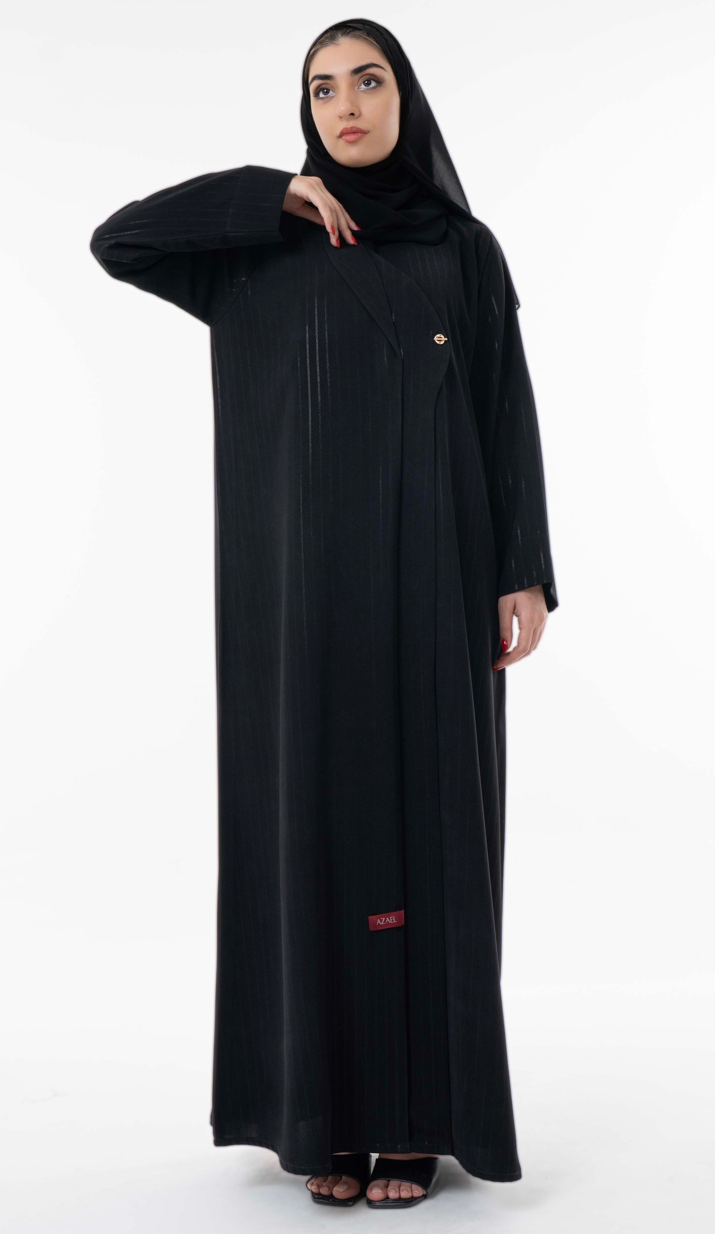 Black Pinstripe Overlap Abaya With Elegant Gold Trim