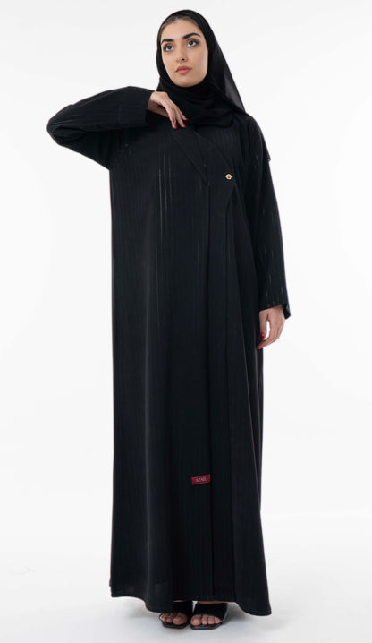 Black Pinstripe Overlap Abaya With Elegant Gold Trim