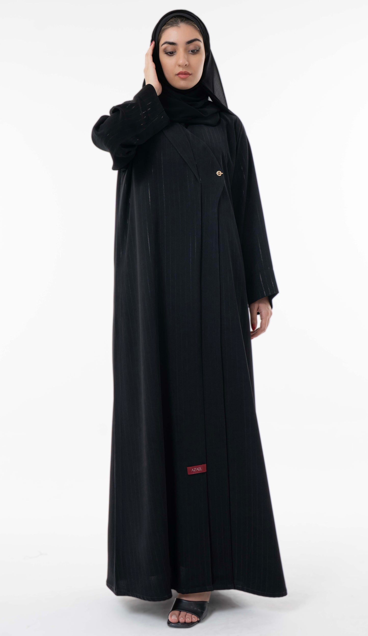 Black Pinstripe Overlap Abaya With Elegant Gold Trim