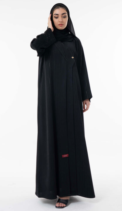 Black Pinstripe Overlap Abaya With Elegant Gold Trim