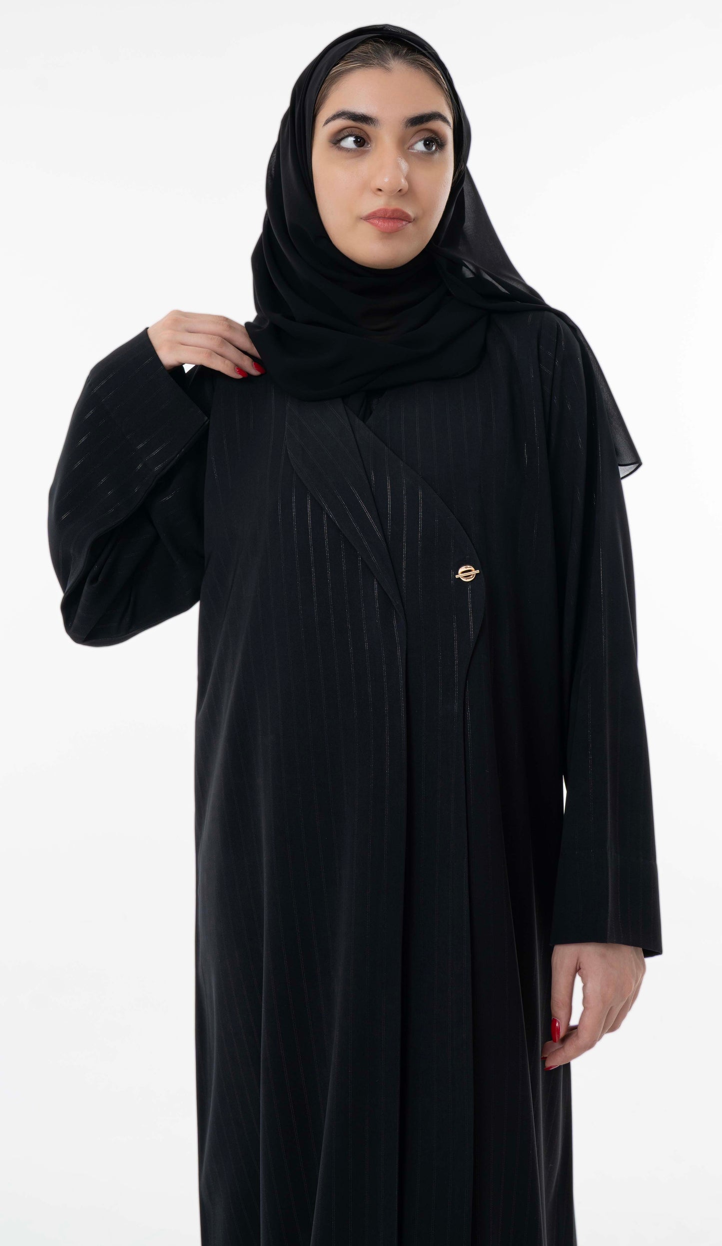 Black Pinstripe Overlap Abaya With Elegant Gold Trim