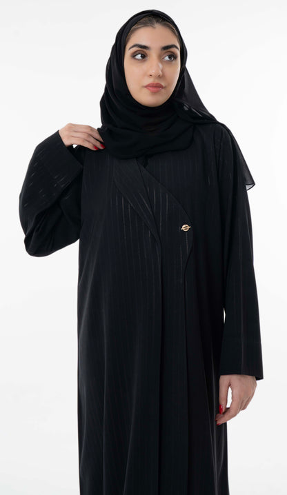 Black Pinstripe Overlap Abaya With Elegant Gold Trim
