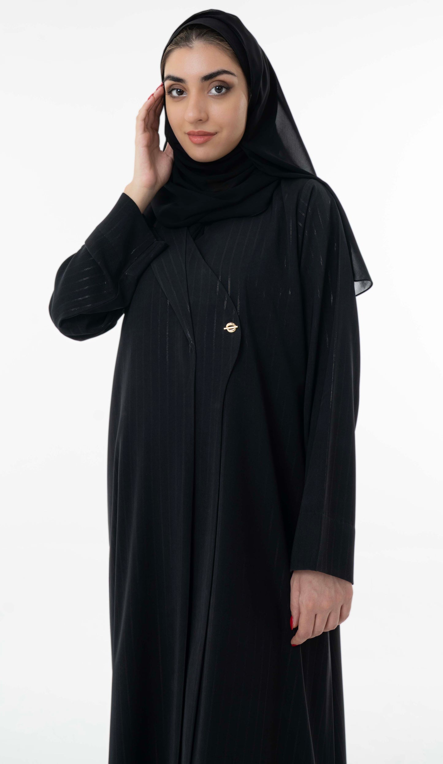 Black Pinstripe Overlap Abaya With Elegant Gold Trim