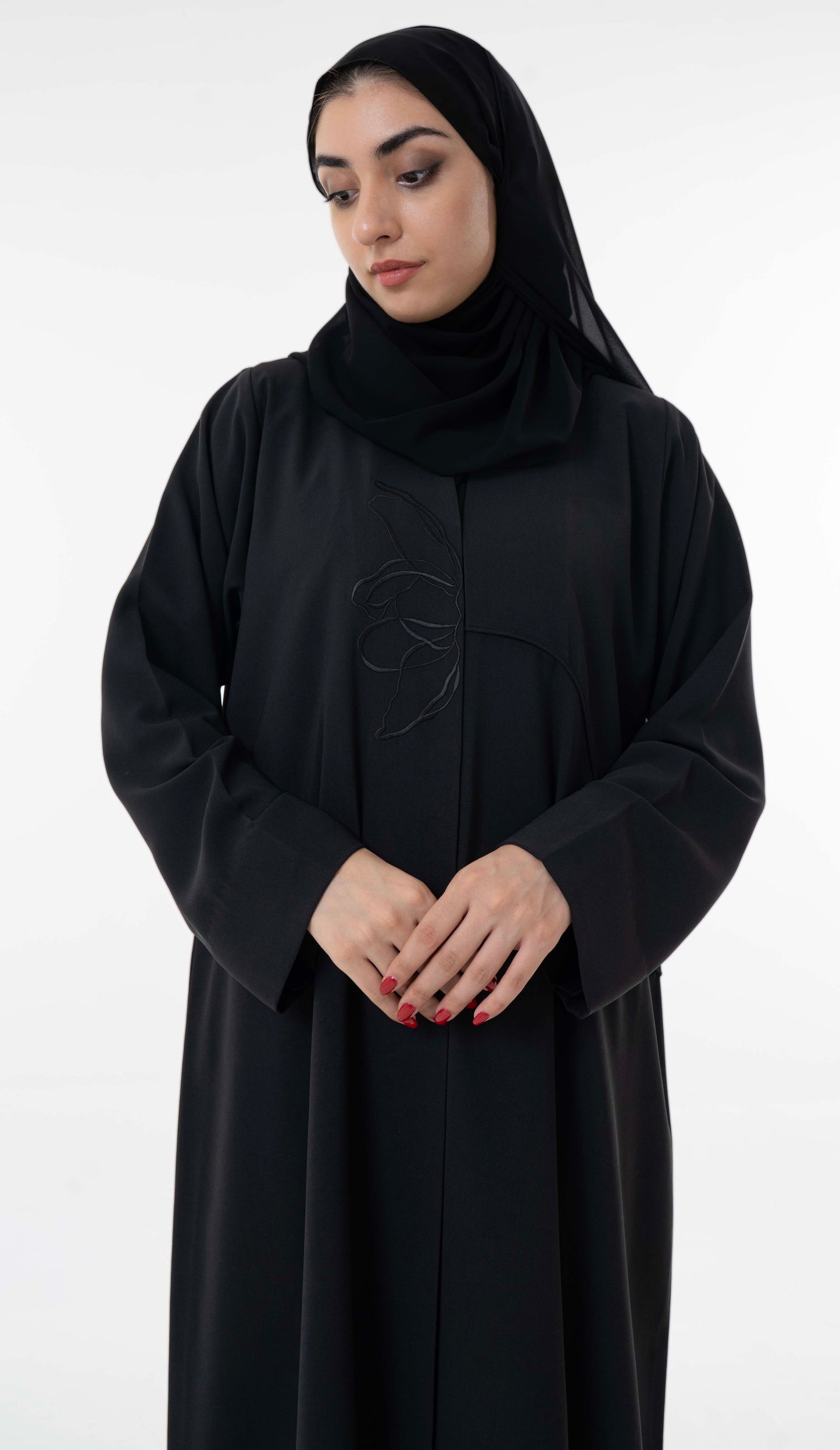 Abaya With Delicate Floral Line Embroidery