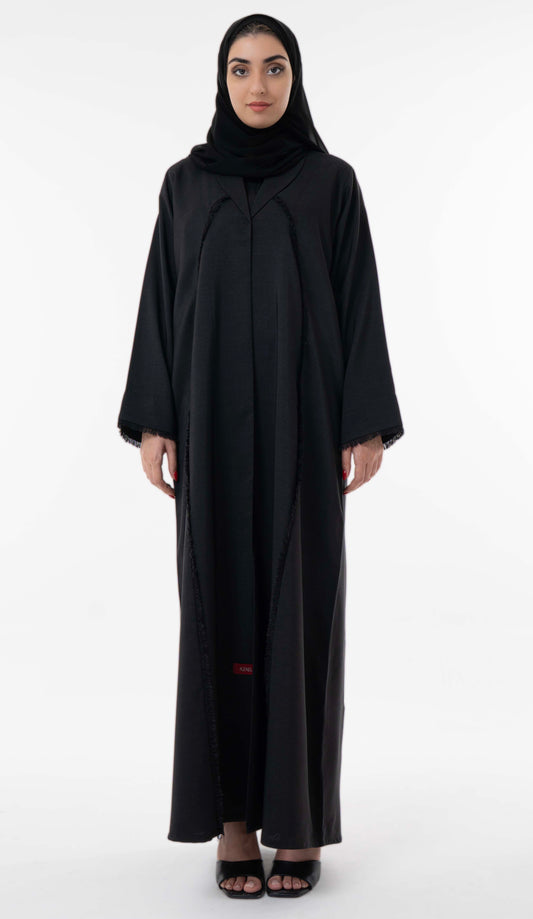 Black Abaya With Front Collar And Elegant Fringe Detailing