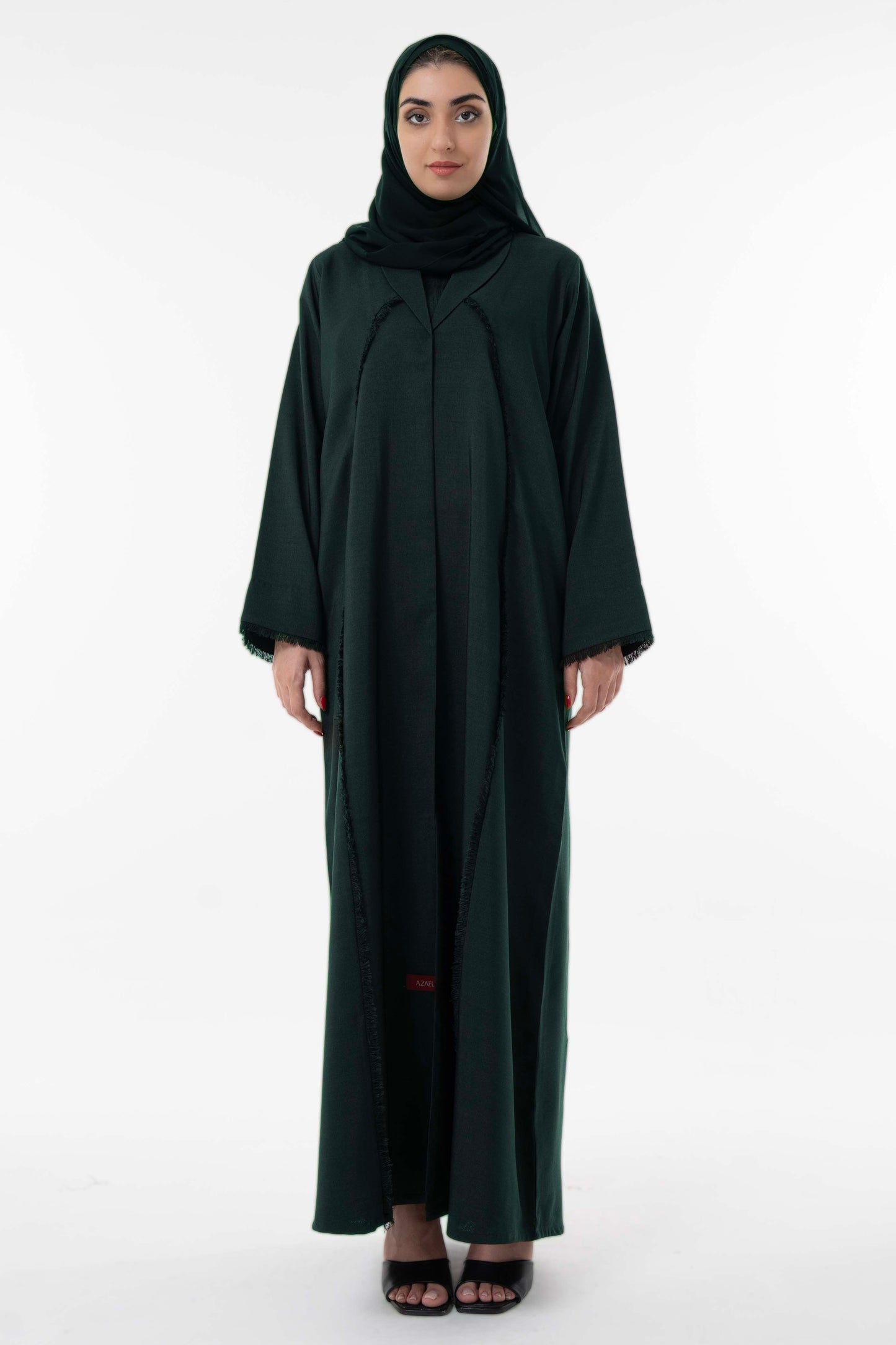 Dark Green Abaya With Front Collar And Elegant Fringe Detailing