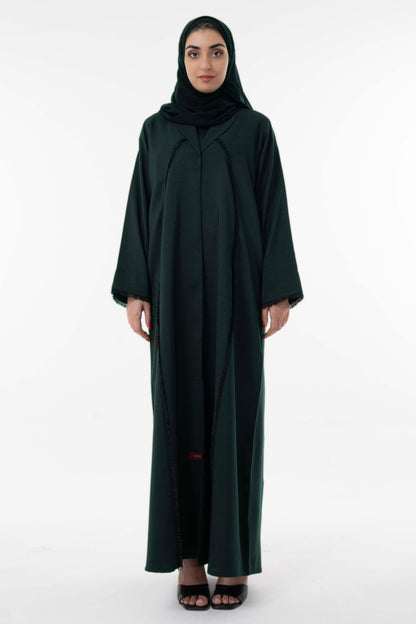 Dark Green Abaya With Front Collar And Elegant Fringe Detailing