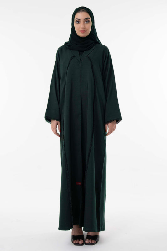 Dark Green Abaya With Front Collar And Elegant Fringe Detailing