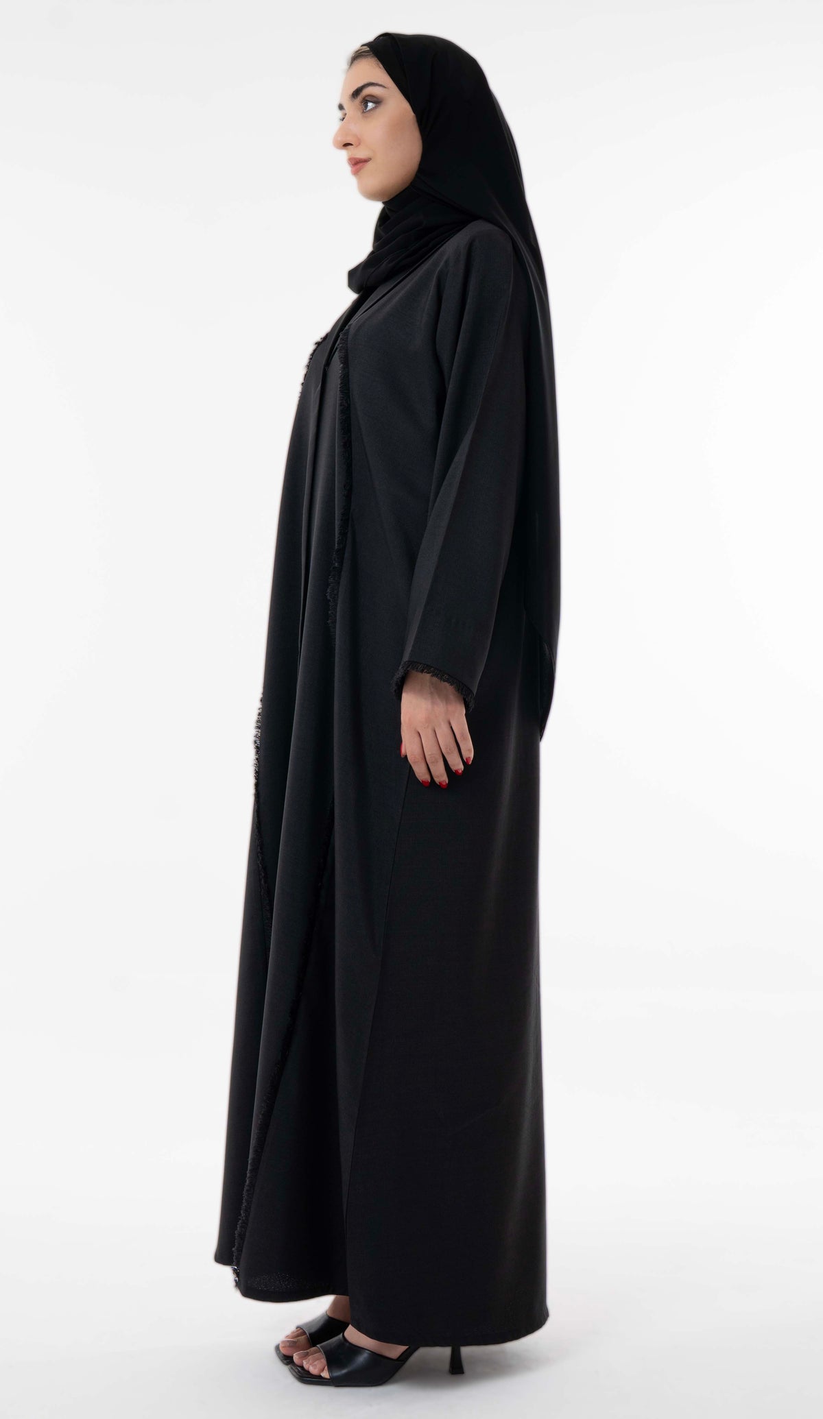 Black Abaya With Front Collar And Elegant Fringe Detailing