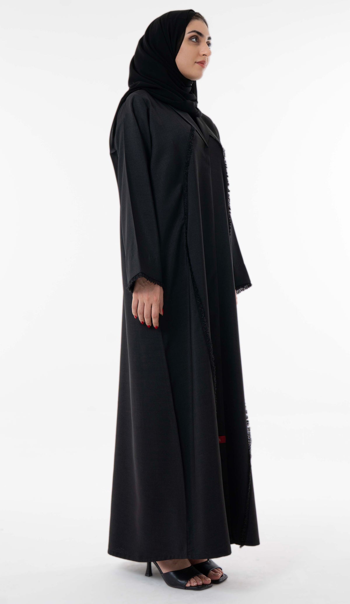 Black Abaya With Front Collar And Elegant Fringe Detailing