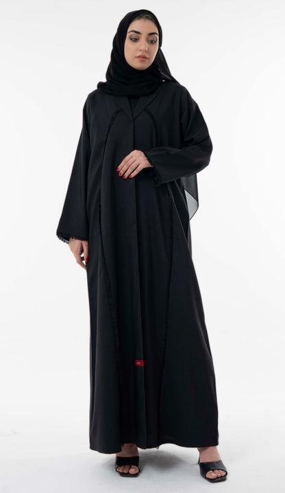 Black Abaya With Front Collar And Elegant Fringe Detailing