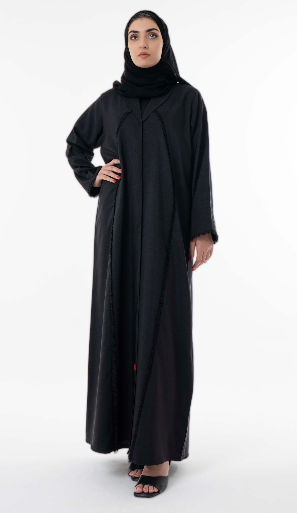 Black Abaya With Front Collar And Elegant Fringe Detailing