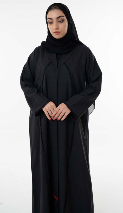 Black Abaya With Front Collar And Elegant Fringe Detailing
