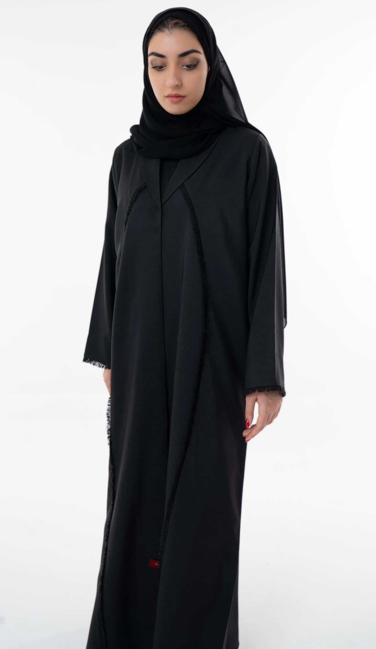 Black Abaya With Front Collar And Elegant Fringe Detailing