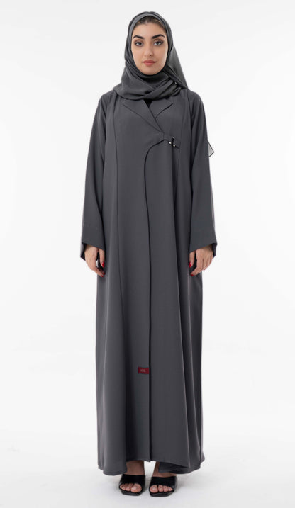 Grey Abaya With Notched Collar And An Elegant Metallic Buckle