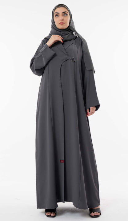 Grey Abaya With Notched Collar And An Elegant Metallic Buckle