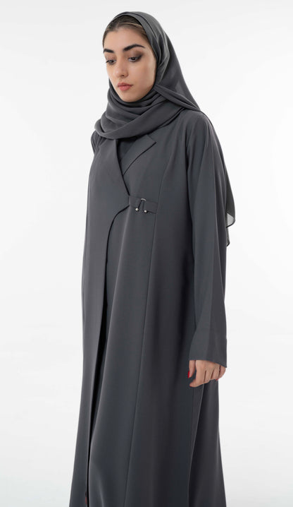 Grey Abaya With Notched Collar And An Elegant Metallic Buckle