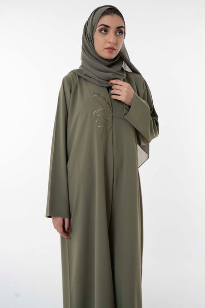 Abaya With Delicate Floral Line Embroidery