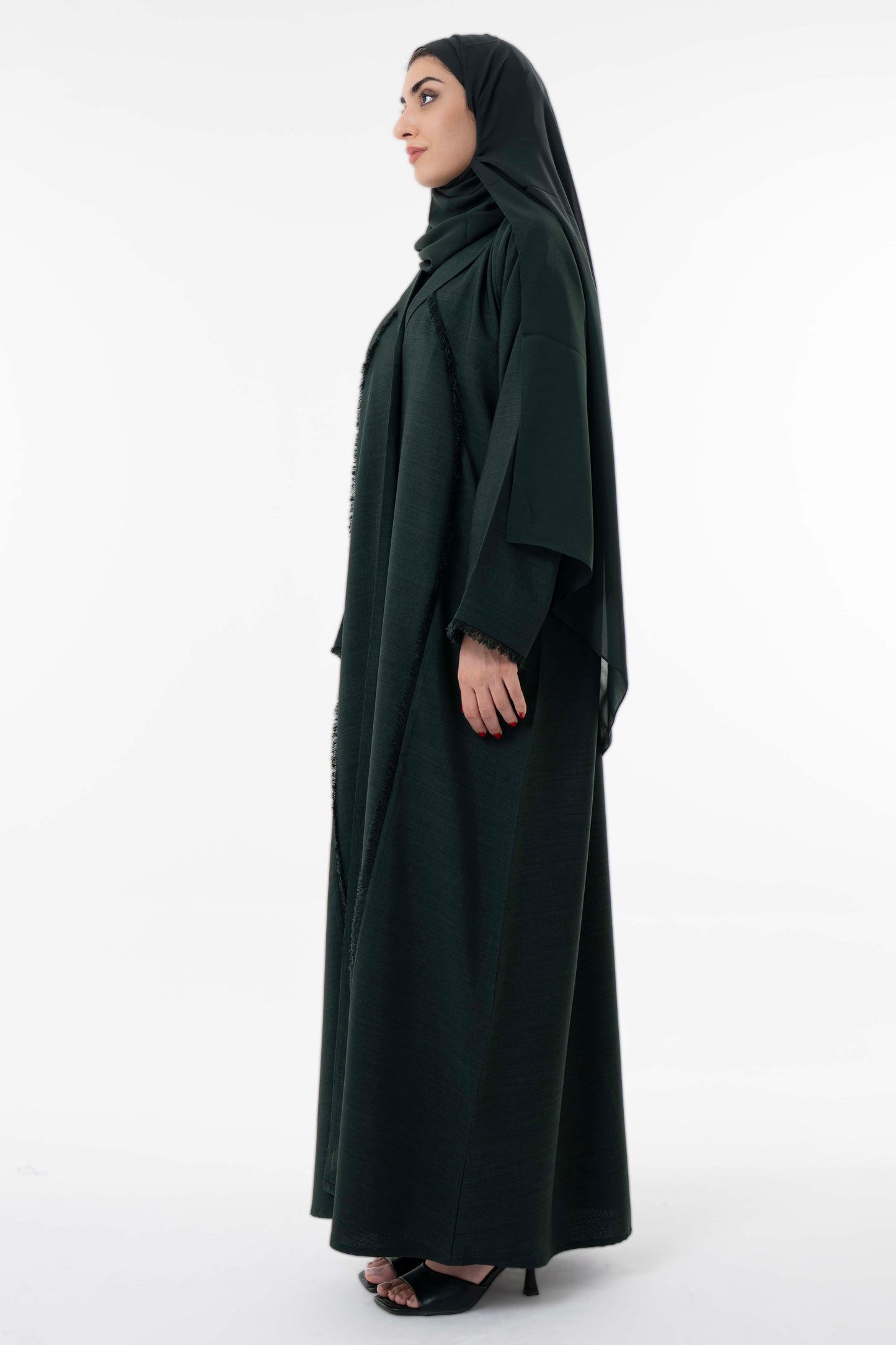 Dark Green Abaya With Front Collar And Elegant Fringe Detailing
