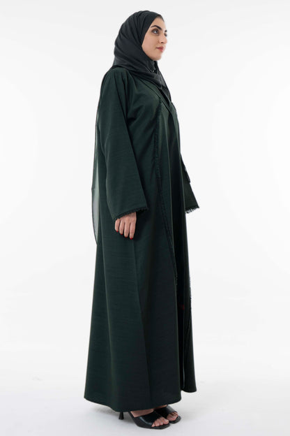 Dark Green Abaya With Front Collar And Elegant Fringe Detailing