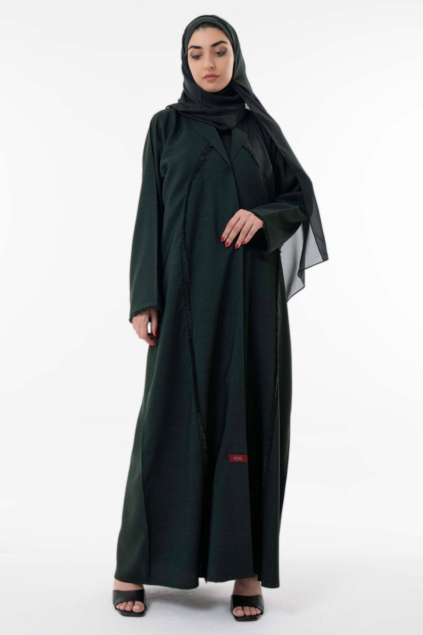 Dark Green Abaya With Front Collar And Elegant Fringe Detailing