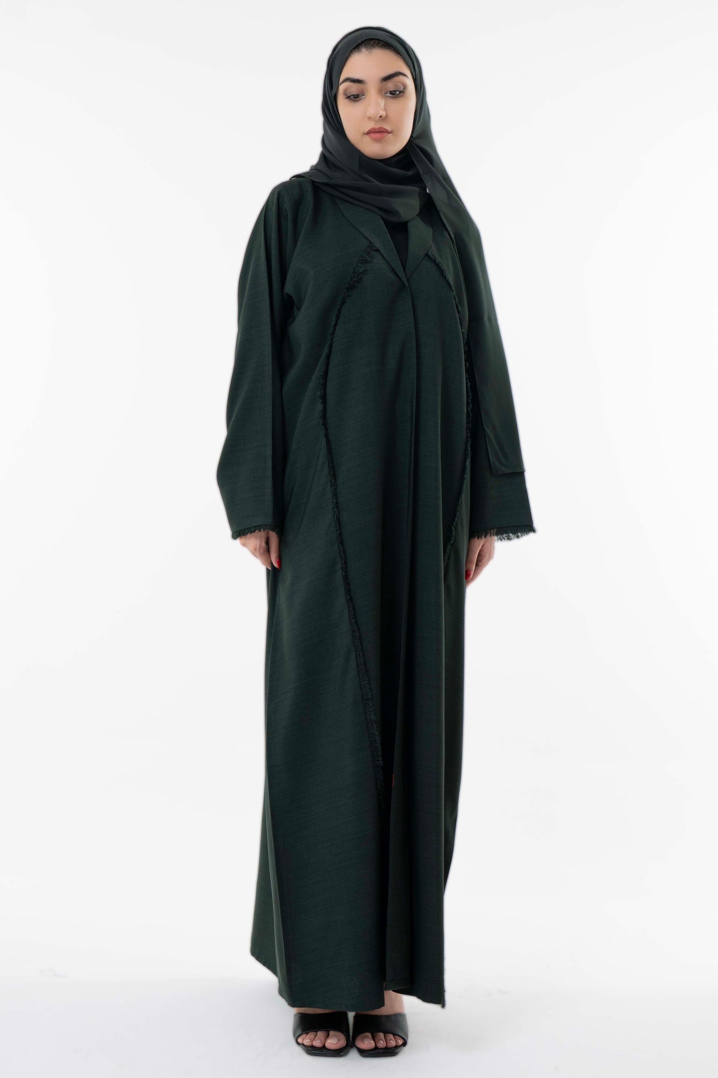 Dark Green Abaya With Front Collar And Elegant Fringe Detailing
