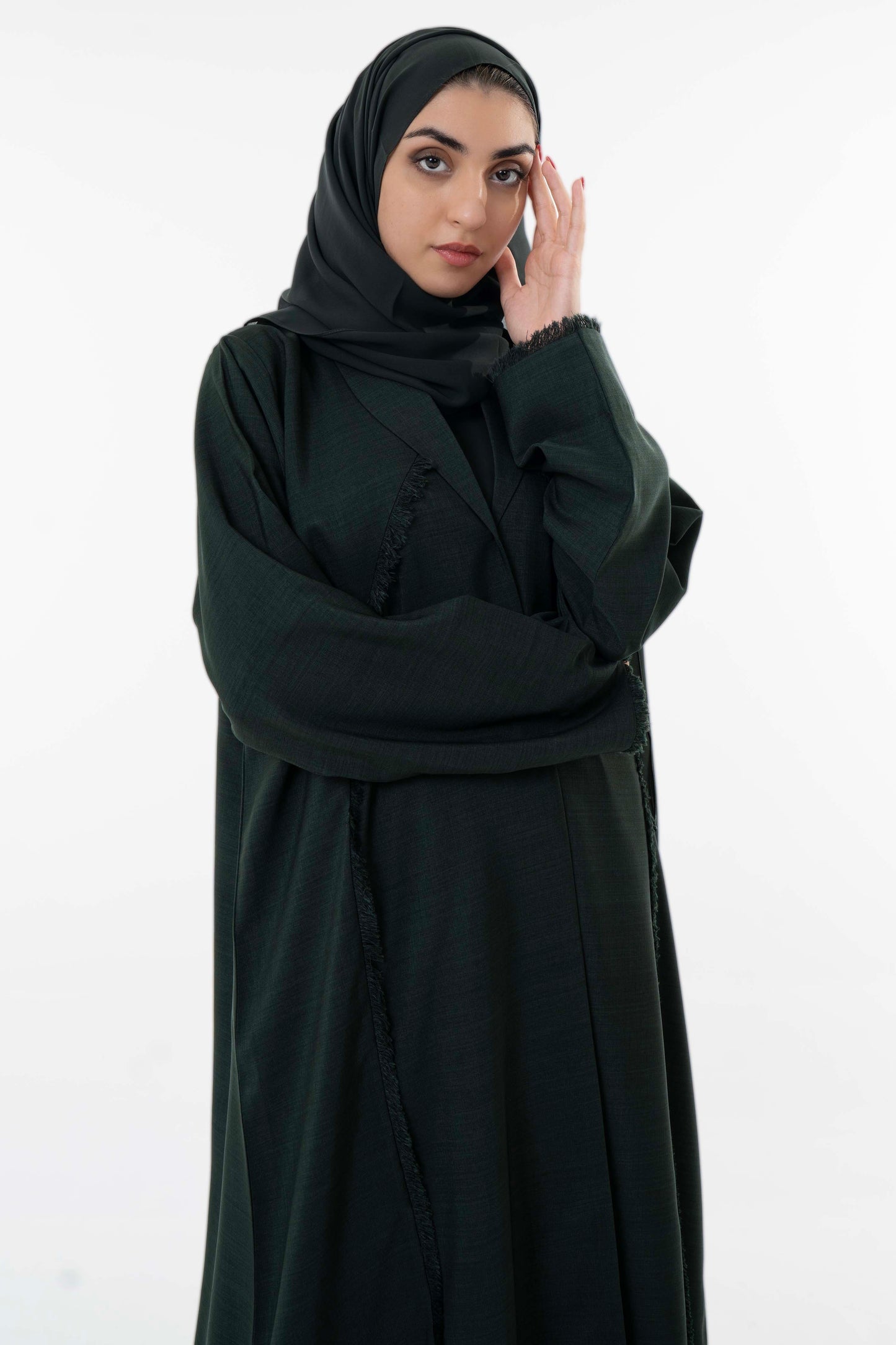 Dark Green Abaya With Front Collar And Elegant Fringe Detailing