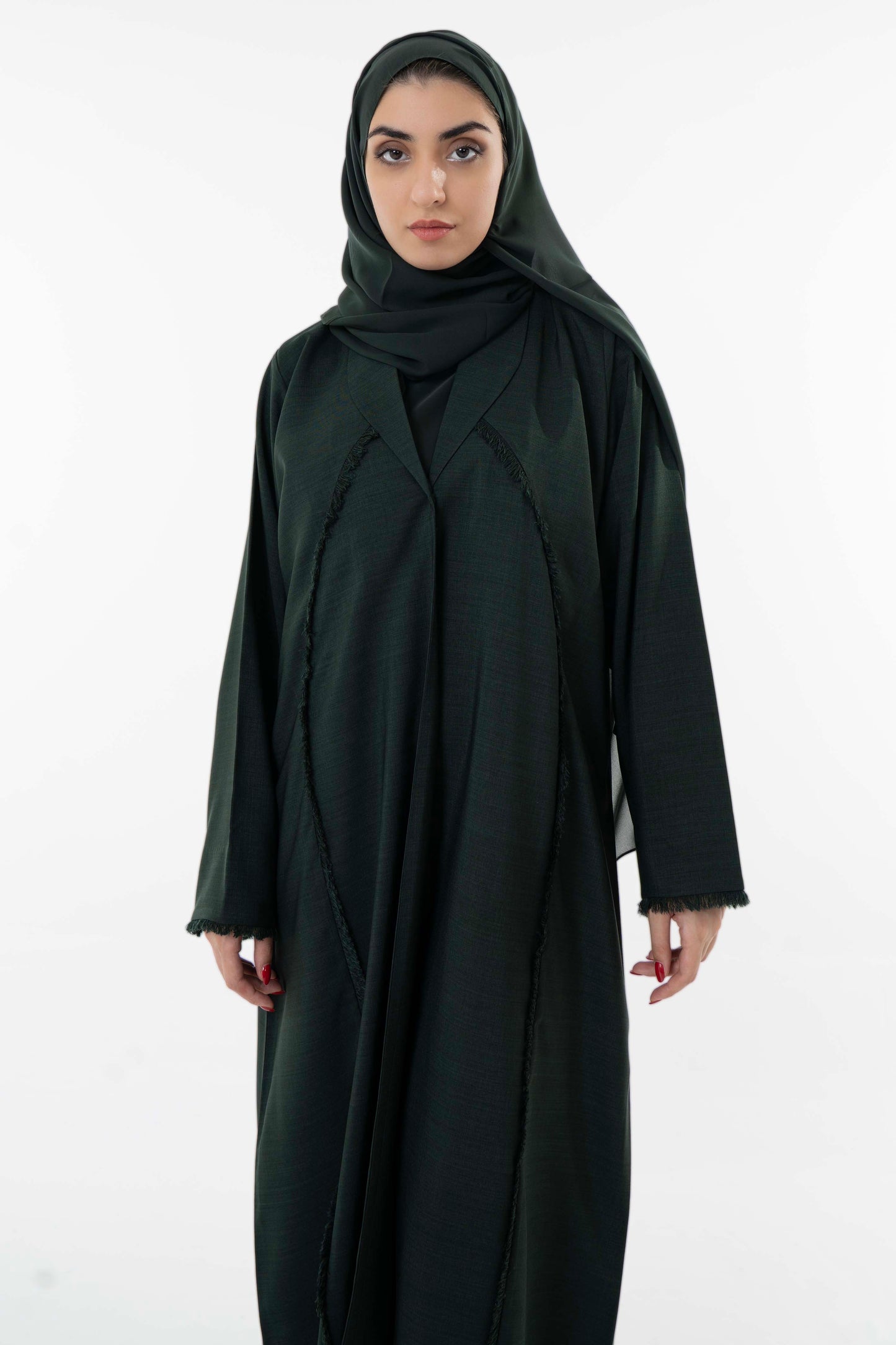 Dark Green Abaya With Front Collar And Elegant Fringe Detailing