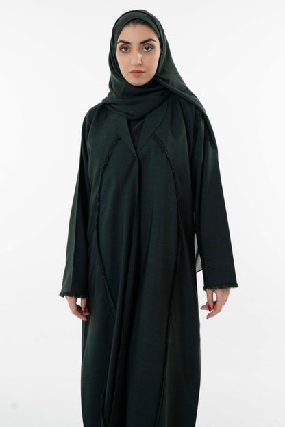 Dark Green Abaya With Front Collar And Elegant Fringe Detailing