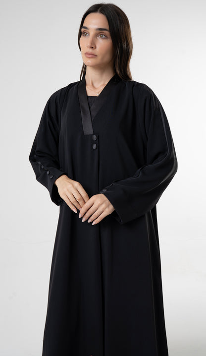 Black Abaya with Satin - Finish Button Details