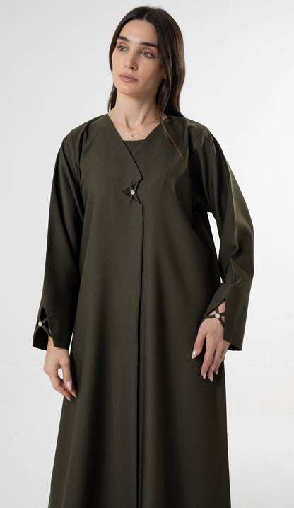 Olive Green Abaya with Metallic Button Details