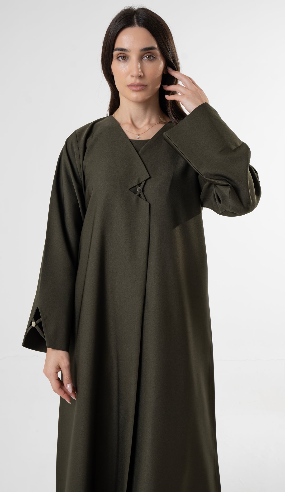 Olive Green Abaya with Metallic Button Details